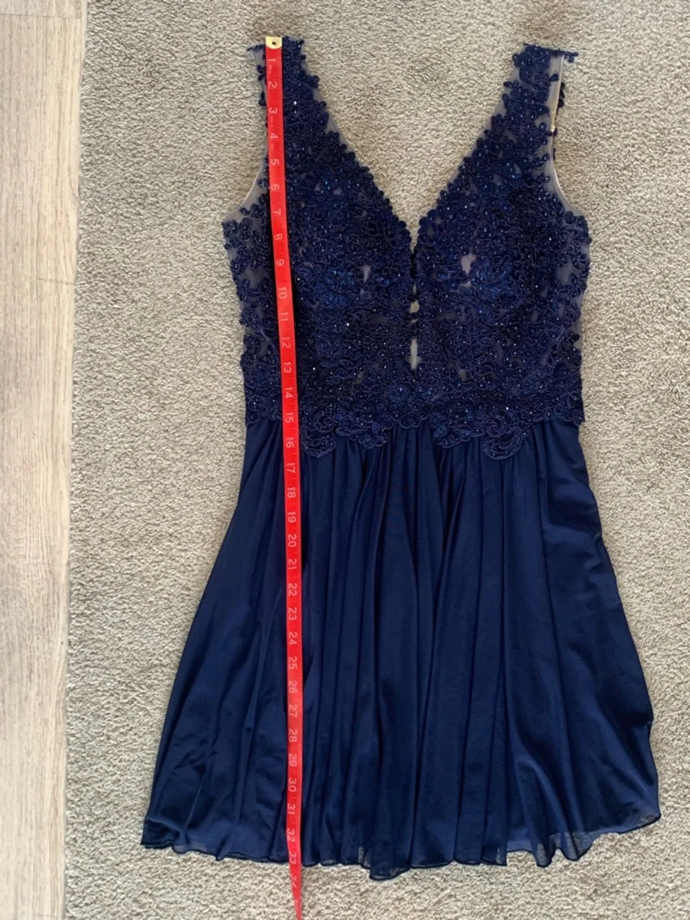 Sherri Hill Navy blue A-Line Dress with beaded embroidery - Picture 3 of 14